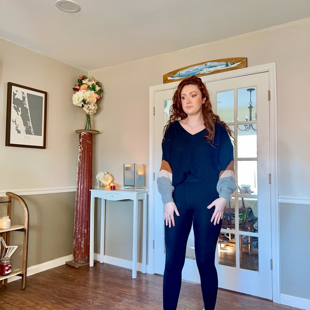 Colorblock V-Neck Sweater in Black with Tan & Gray Sleeves